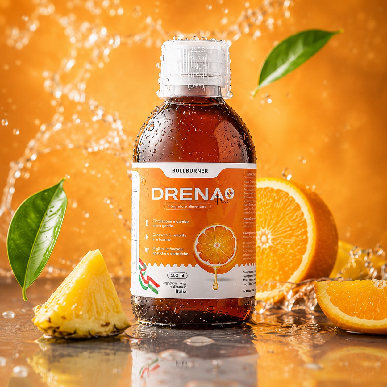 Drenante Forte Dimagrante Donna Brucia Grassi Potenti Veloci Anticellulite Gambe Detox Depurativo Fegato e Intestino Pancia Piatta e Peso Forma Gusto Arancia 500 ml Made in Italy Bull Burner 